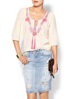 Pink-embroidered cotton peasant top